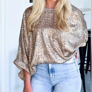Glam Brown Snake Print Metallic Blouse